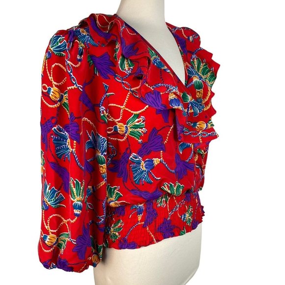 Vintage 80s Susan Tudor Women's red Ruffled Crop puff sleeve size M - Picture 3 of 12